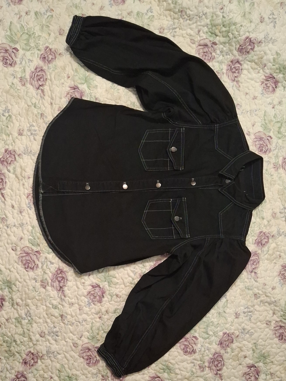 We The Free Black Wash Button-Front Shirt with Contrast Stitching & Puff Sleeved